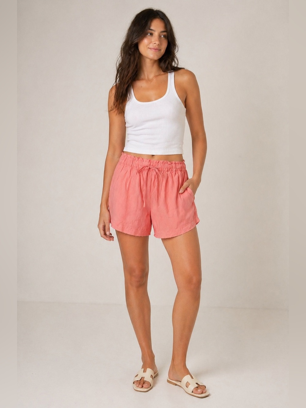 Shore Coral Almond Linen Blend Pull-On Shorts Elastic Waist XS NWT